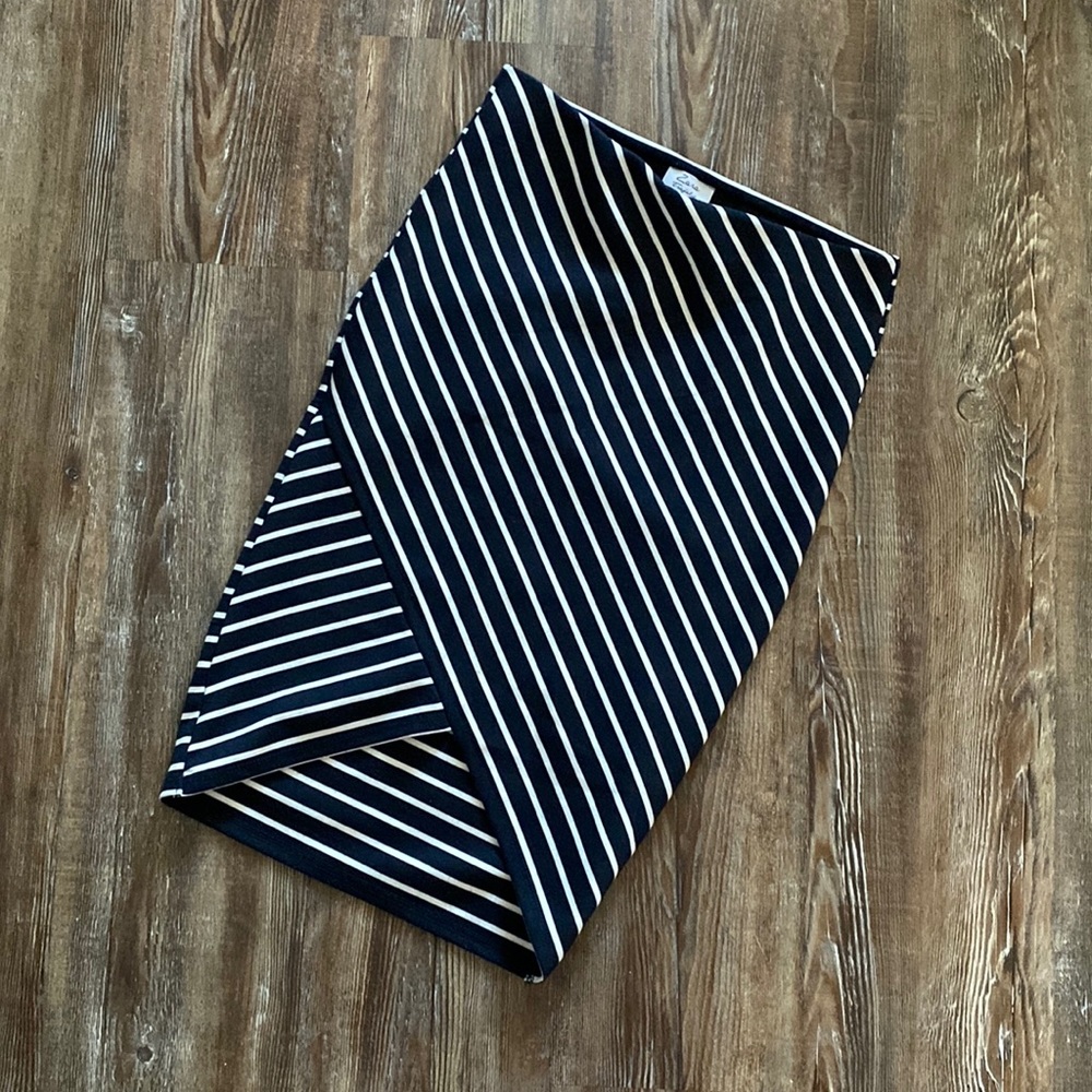 Zara Trafaluc Navy Blue & White Striped Faux Wrap Stretchy Pencil Skirt